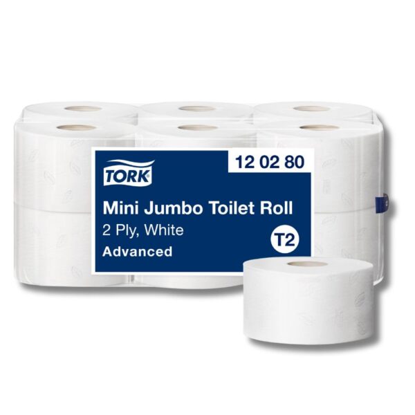 Tork Advanced mini jumbo wc-paperi. 2-kerroksinen valkoinen paperi. Läpinäkyvä säkki, 12 rullaa säkissä.