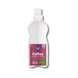 Kiilto Coffex jauhemainen vahvasti emäksinen puhdistusaine kahvinkeittimille. Valkoinen 1L muovipullo annostelukorkilla