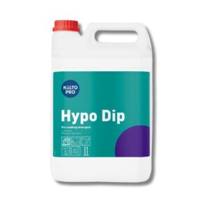 Kiilto Hypo Dip 5L astioiden liotukseen. Valkoinen muovikannu, punainen korkki.