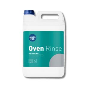 Kiilto Oven Rinse Uuninhuuhteluaine 5L valkoisessa muovisessa kanisterissa. Vihreä etiketti. Hajusteeton, kirkas sininen neste.