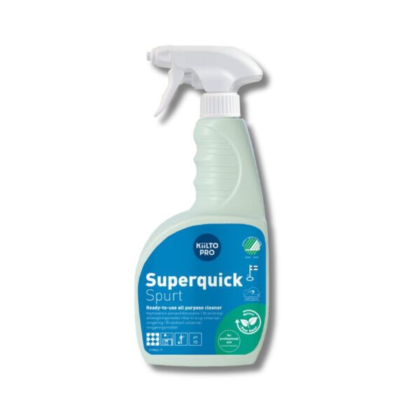 Valkoinen spraypullo, sininen etiketti. Kiilto Superquick spurt 705ml sumutinpullossa