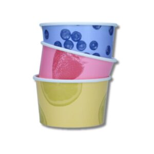 Kartonkinen jäätelöpikari 195ml. Kolme erilaista kuosia, keltainen sitruuna, pinkki mansikka ja sininen mustikka.