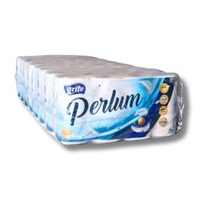 Grite Perlum pehmeä 3-krs. wc-paperi. Kuva tukkusäkistä, jossa 8 pakettia joissa 8 rullaa paperia. Yhteensä 64 rullaa.