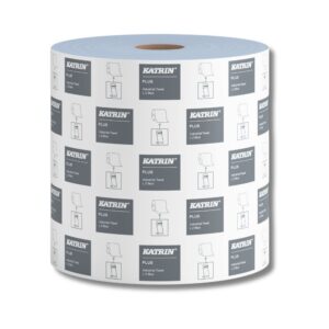 Sininen teollisuuspyyhe rullassa. Valko-harmaa paperikääre