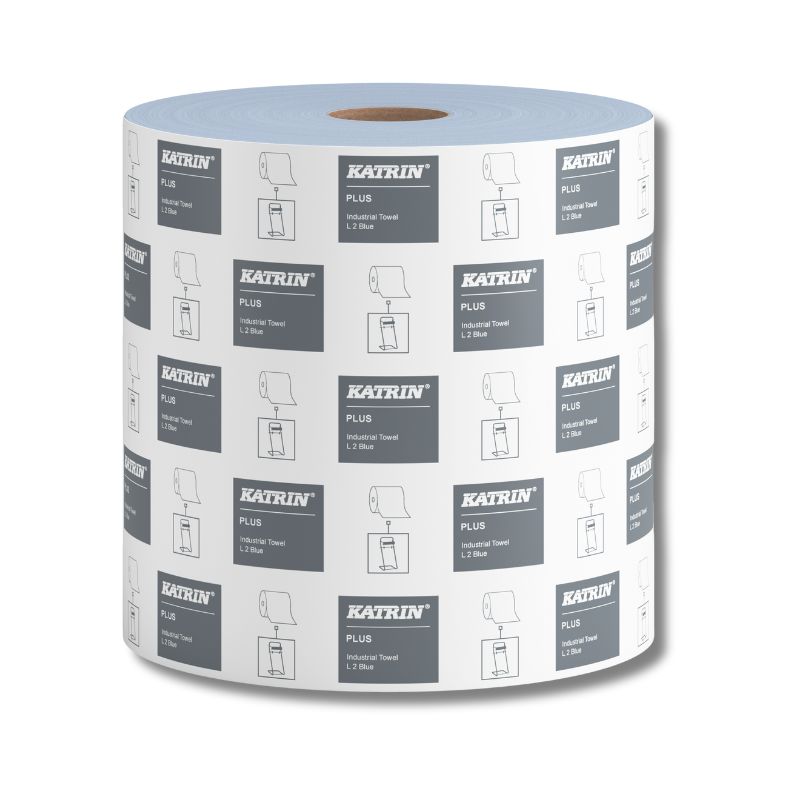 Sininen teollisuuspyyhe rullassa. Valko-harmaa paperikääre